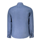 Blue linen men's shirt by North Sails featuring a classic collar and button-up front, styled on a mannequin.