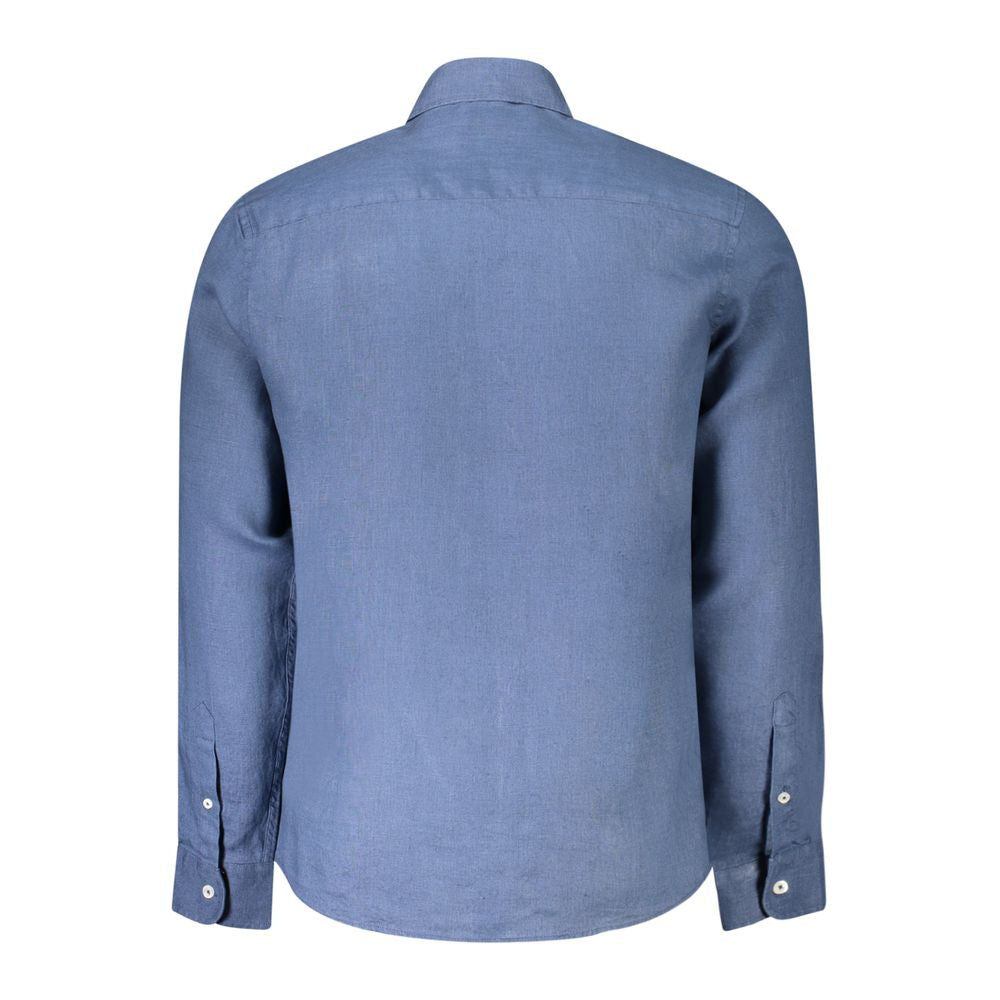 Blue linen men's shirt by North Sails featuring a classic collar and button-up front, styled on a mannequin.