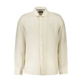 Beige linen men's shirt from North Sails with a classic collar and long sleeves, displayed on a hanger.