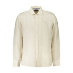 Beige linen men's shirt from North Sails with a classic collar and long sleeves, displayed on a hanger.