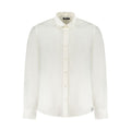 North Sails Bianco Linen men's shirt hanging on a wooden hanger, showcasing lightweight, breathable fabric and classic design.