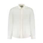 North Sails Bianco Linen men's shirt hanging on a wooden hanger, showcasing lightweight, breathable fabric and classic design.