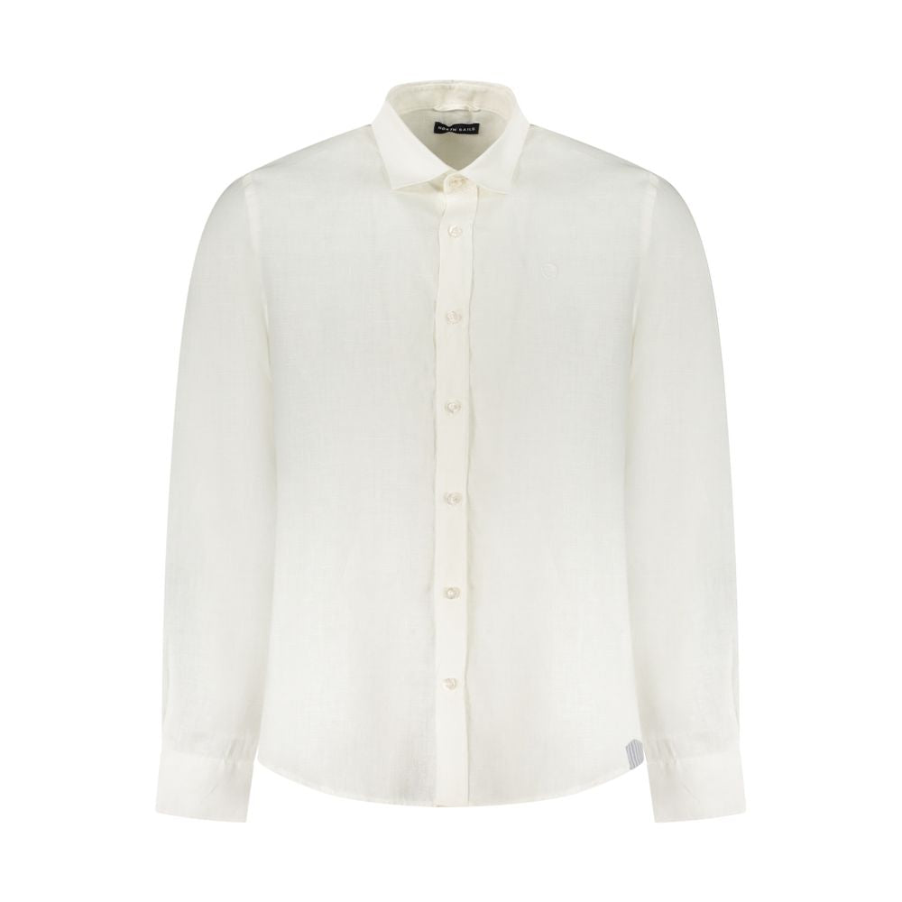 North Sails Bianco Linen men's shirt hanging on a wooden hanger, showcasing lightweight, breathable fabric and classic design.