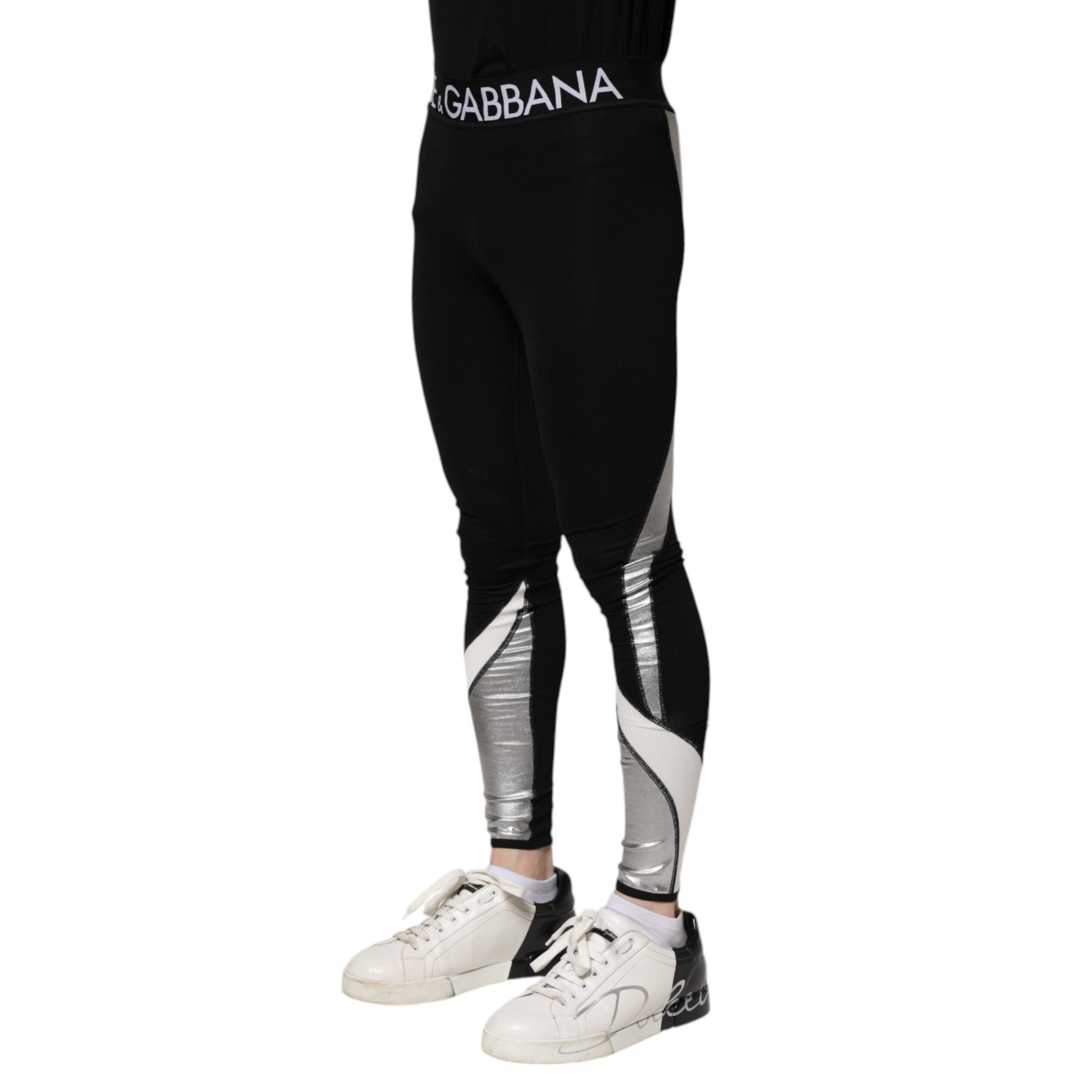 Dolce & Gabbana Black Silver Nylon Skinny Men Leggings Pants