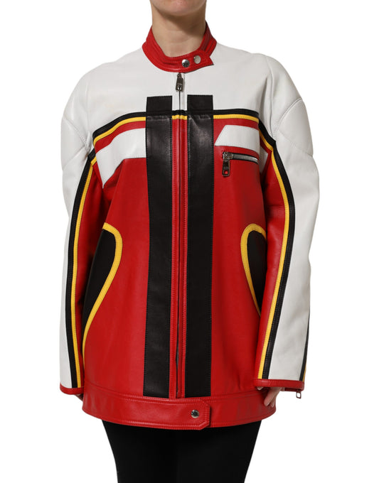 Dolce & Gabbana Multicolor Leather Biker Full Zip Coat Jacket Dolce & Gabbana