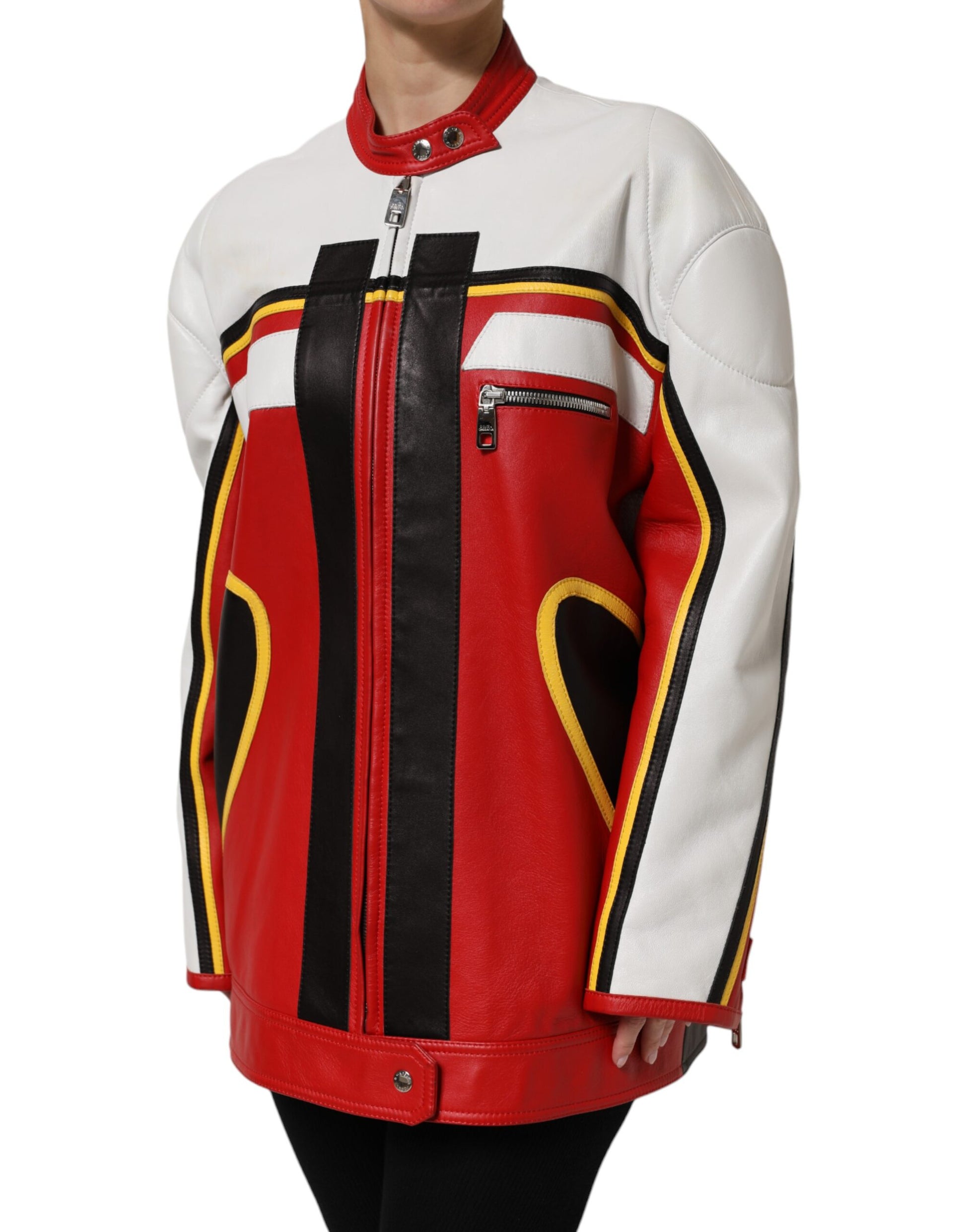 Dolce & Gabbana Multicolor Leather Biker Full Zip Coat Jacket Dolce & Gabbana