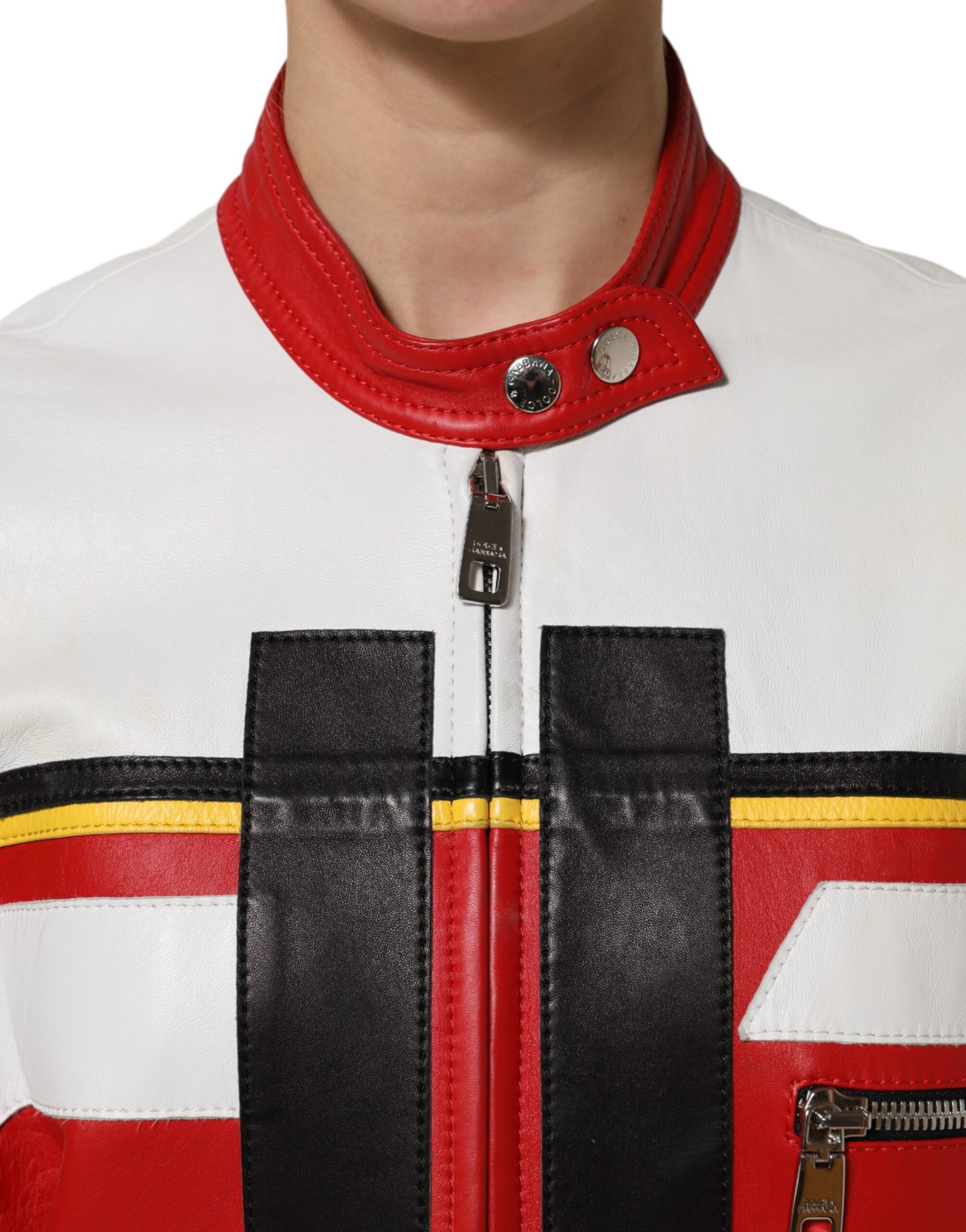Dolce & Gabbana Multicolor Leather Biker Full Zip Coat Jacket Dolce & Gabbana