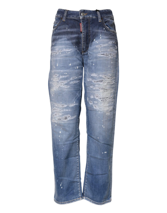 Dsquared² Blue Tattered Cotton Mid Waist Straight Denim Jeans Dsquared²