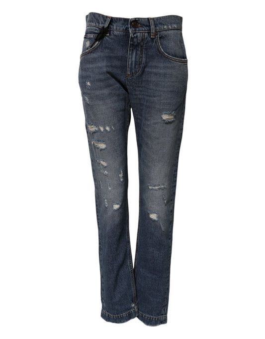 Dolce & Gabbana Blue Cotton Tattered Boyfriend Denim Jeans Dolce & Gabbana