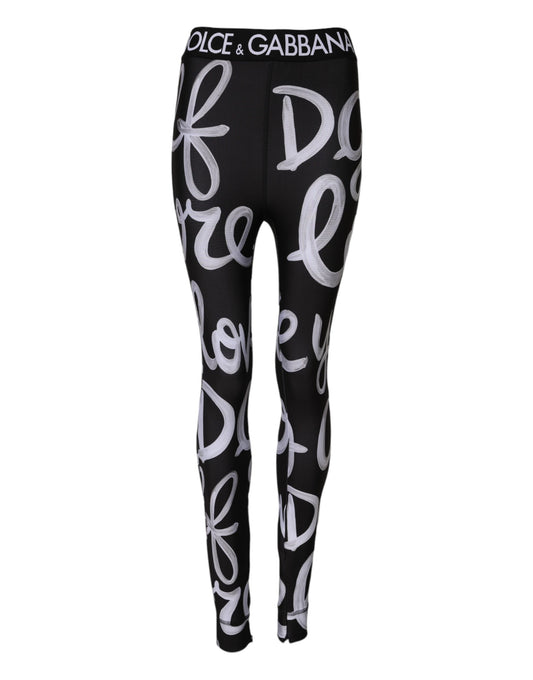 Dolce & Gabbana Black Polyester Logo Print Mid Waisted Pants Dolce & Gabbana