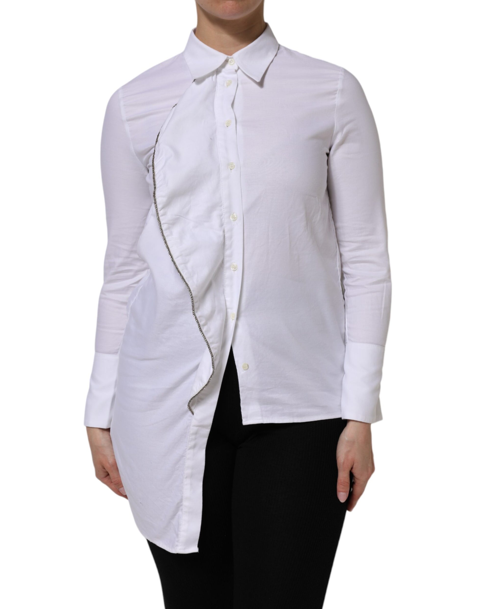AGLINI White Cotton Collared Long Sleeves Ruffle Top Shirt AGLINI
