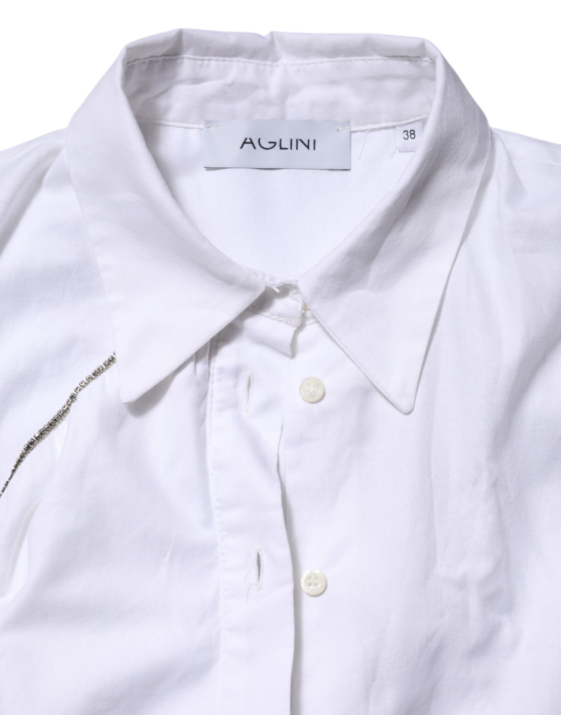 AGLINI White Cotton Collared Long Sleeves Ruffle Top Shirt AGLINI
