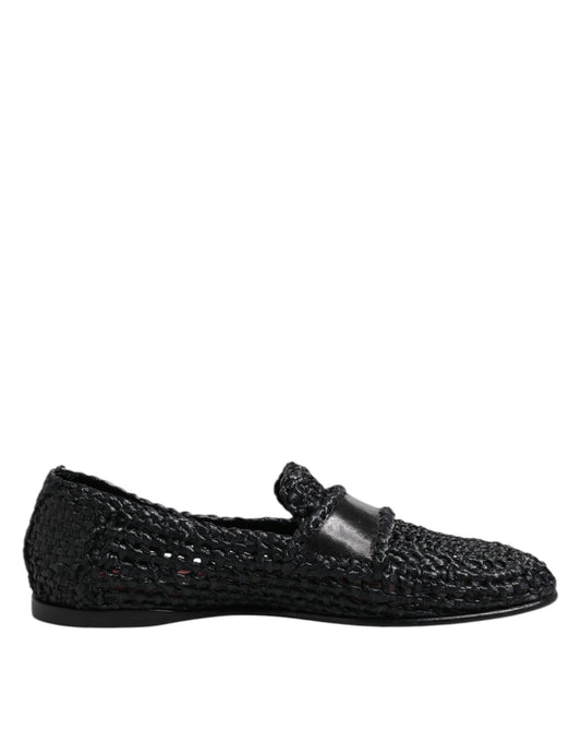 Dolce & Gabbana Black Woven Leather Slip On Loafers Men Shoes Dolce & Gabbana