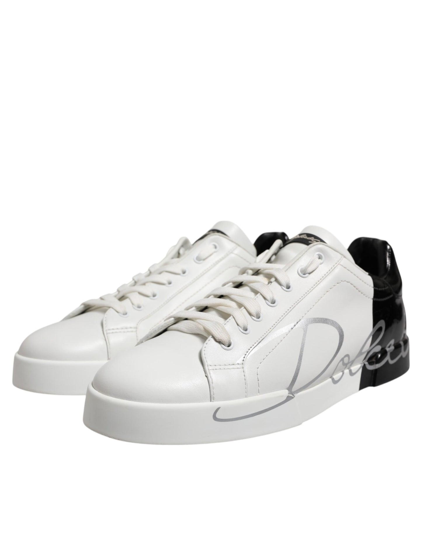 Dolce & Gabbana White Black Logo Low Top Leather Sneakers Shoes Dolce & Gabbana