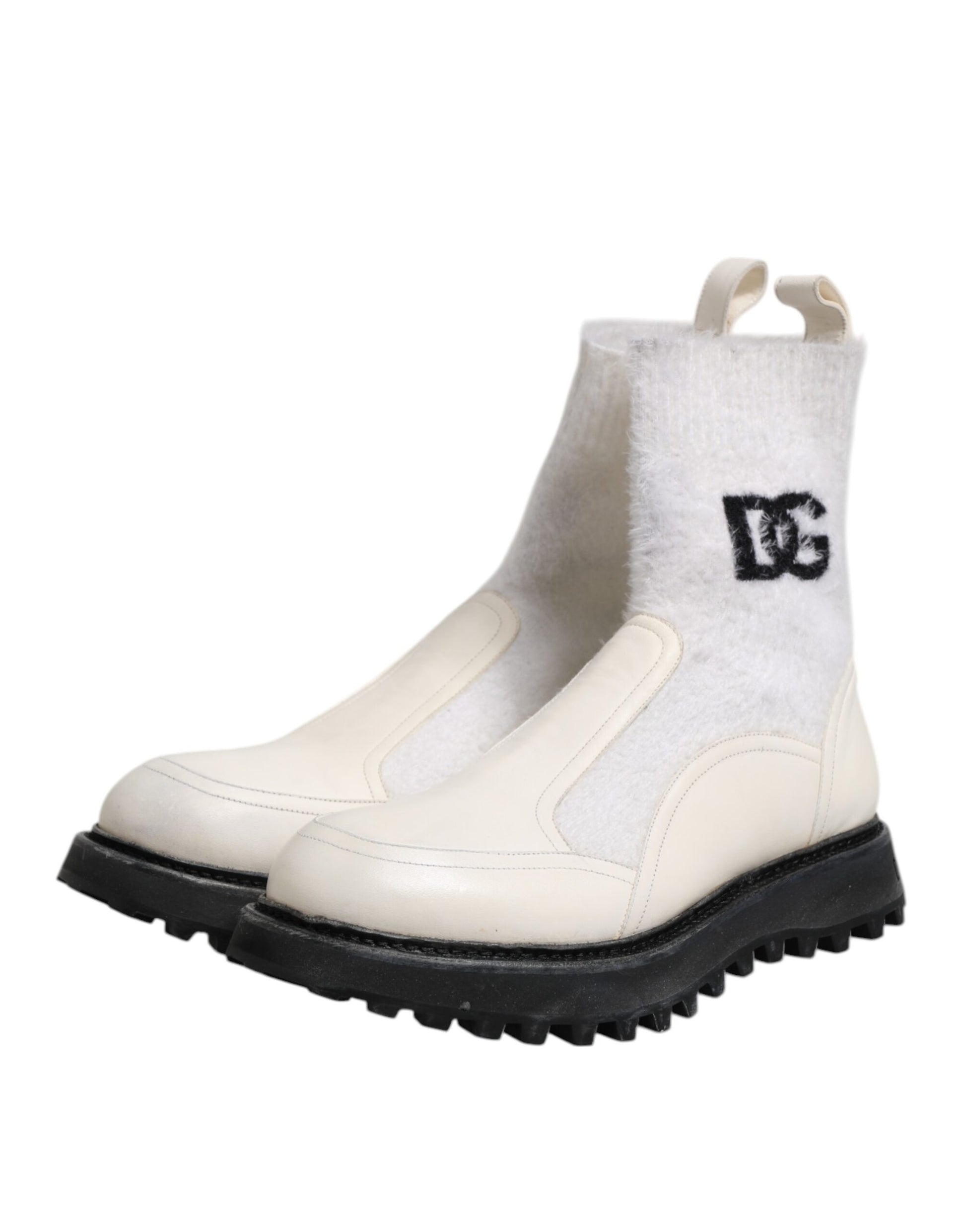 Dolce & Gabbana White Beige DG Logo Mid Calf Boots Shoes Dolce & Gabbana