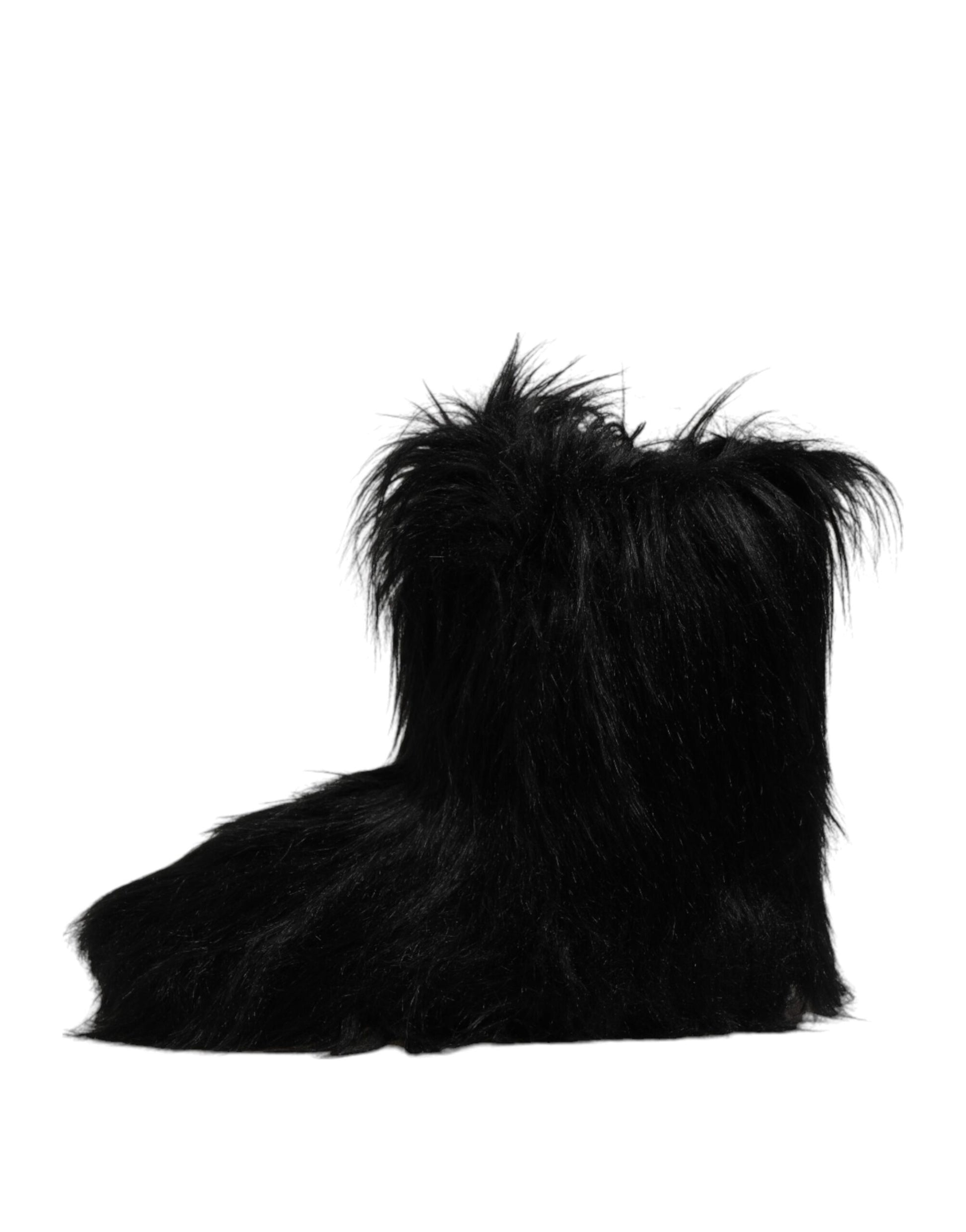 Dolce & Gabbana Black Faux Fur Mid Calf Boots Shoes Dolce & Gabbana
