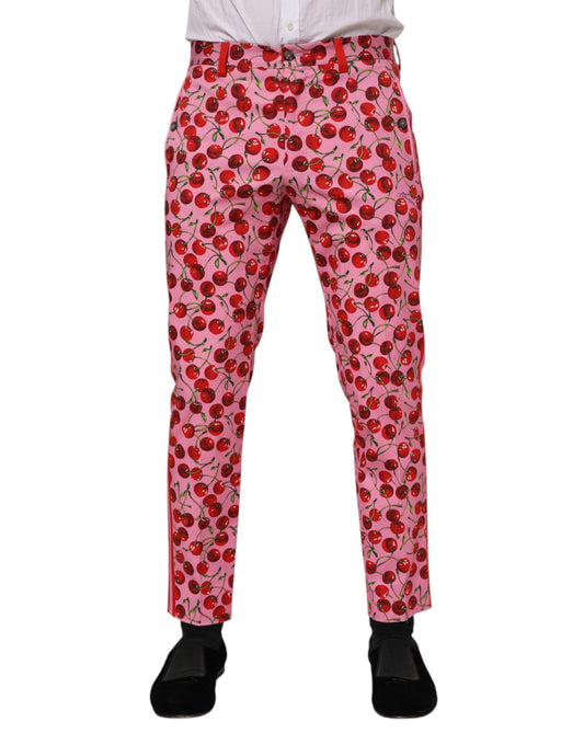 Dolce & Gabbana Pink Cherry Print Cotton Dress Pants Dolce & Gabbana