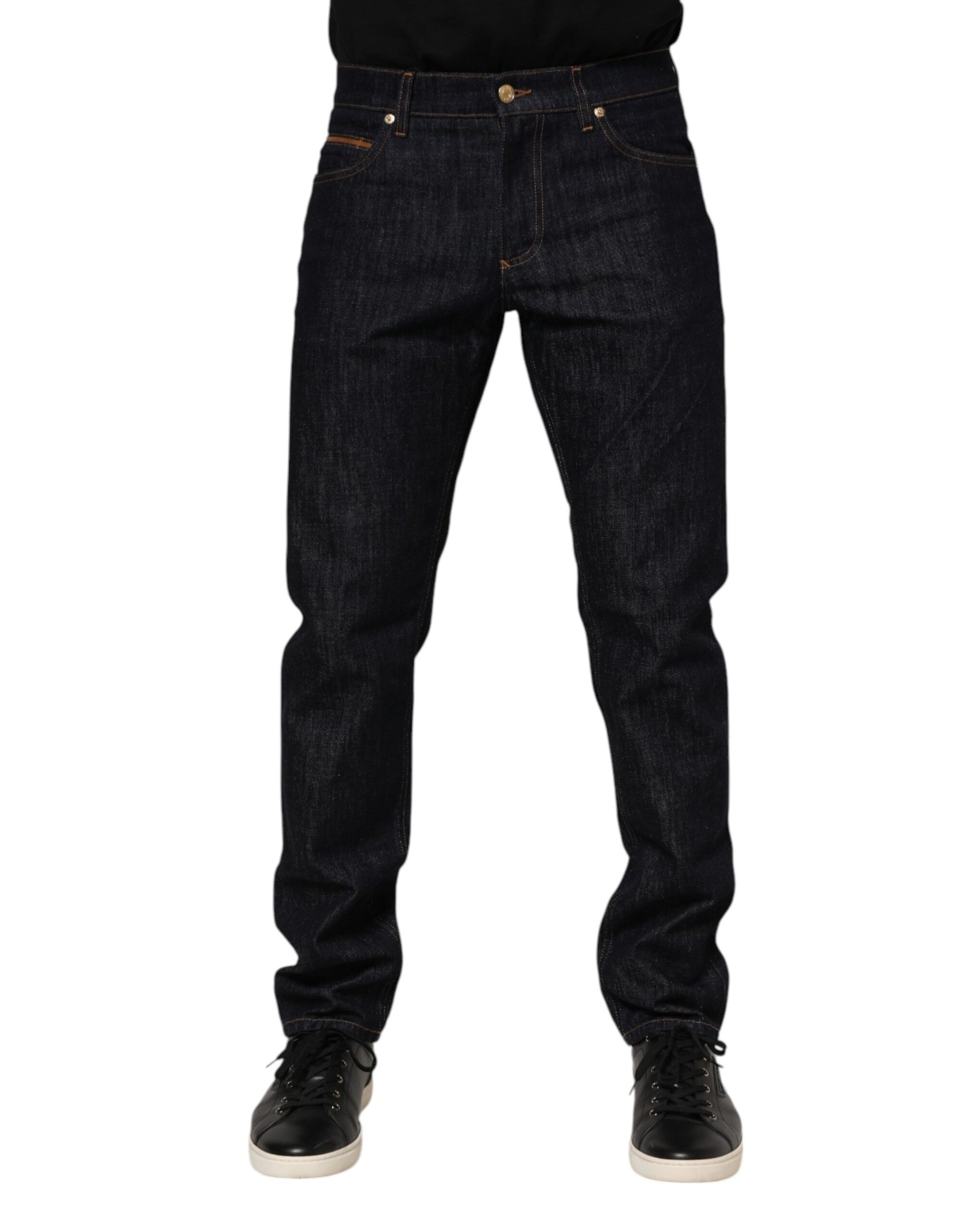 Dolce & Gabbana Dark Blue Cotton Logo Plaque Men Denim Jeans Dolce & Gabbana