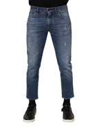 Dolce & Gabbana Blue Cotton Logo Plaque Denim Jeans - Eljoys Fashion 