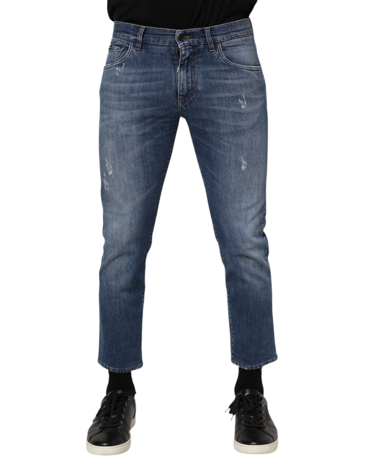 Dolce & Gabbana Blue Cotton Logo Plaque Denim Jeans - Eljoys Fashion 