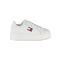 White leather women’s sneaker by Tommy Hilfiger featuring a sleek design and classic branding on the side.