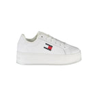 White leather women’s sneaker by Tommy Hilfiger featuring a sleek design and classic branding on the side.