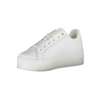 Tommy Hilfiger white leather women's sneaker with classic design and laces, featuring the brand's logo on the side.
