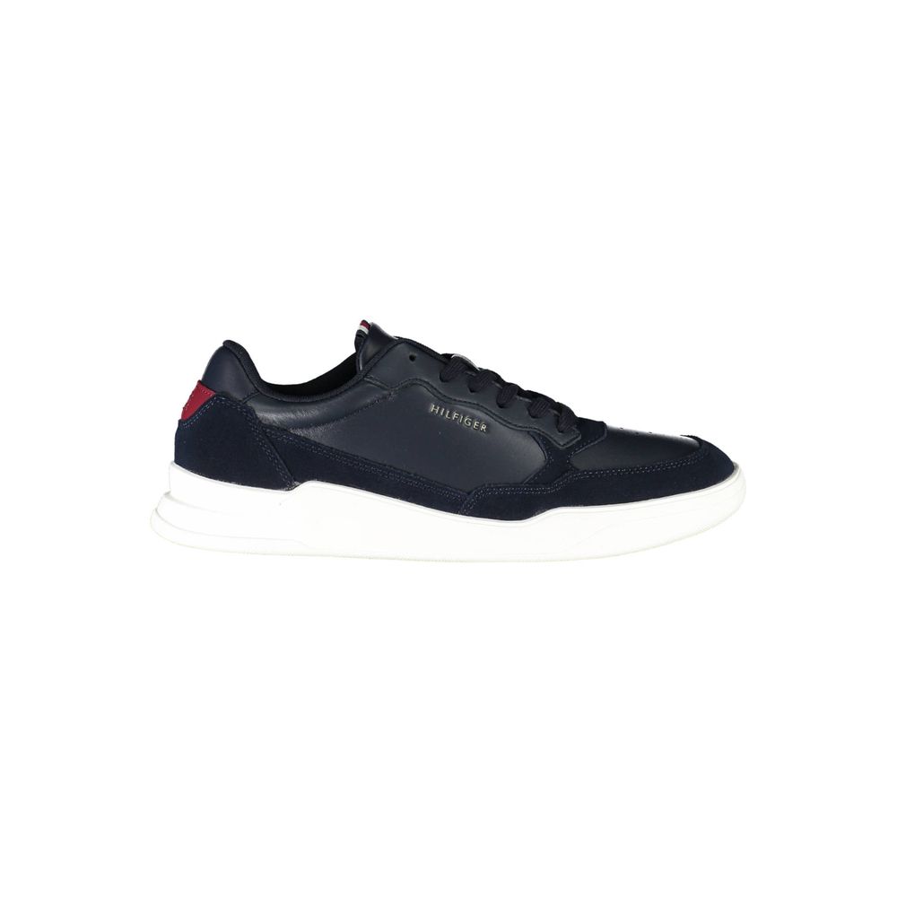 Tommy Hilfiger blue leather men's sneaker with white sole and logo detail, stylish casual footwear.