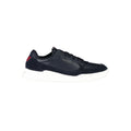 Tommy Hilfiger blue leather men's sneaker with white sole and logo detail, stylish casual footwear.