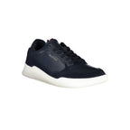 Tommy Hilfiger blue leather men's sneaker with white sole and stylish design, showcasing casual footwear for men.