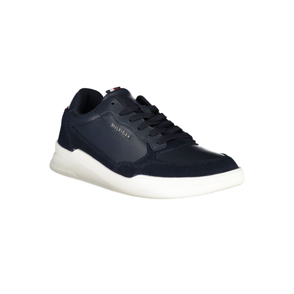 Tommy Hilfiger blue leather men's sneaker with white sole and stylish design, showcasing casual footwear for men.
