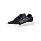 Tommy Hilfiger blue leather men's sneaker showing sleek design and laces on a white background.