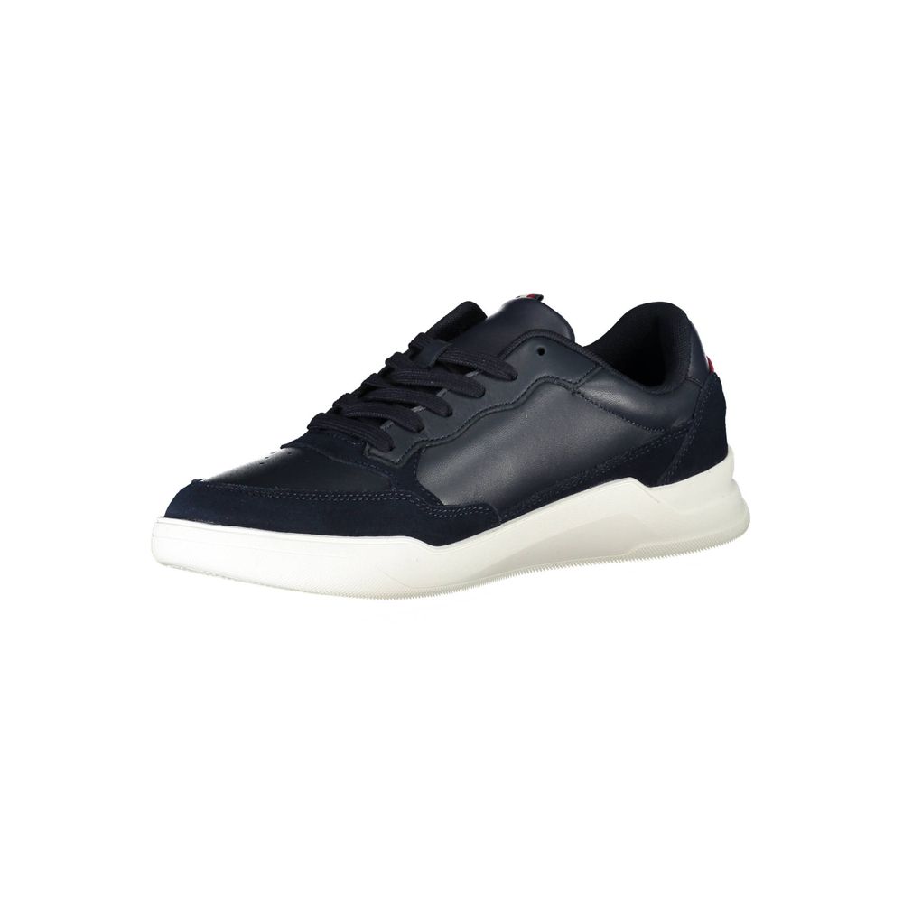 Tommy Hilfiger blue leather men's sneaker showing sleek design and laces on a white background.