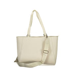 Mario Valentino beige women's polyurethane bag with sleek design and structured shape, featuring subtle branding and top handle.
