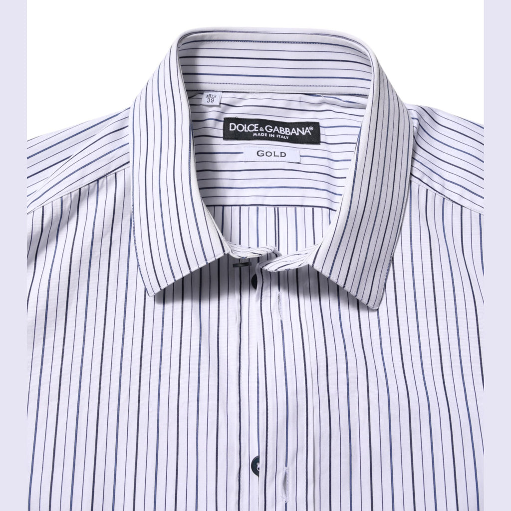 Dolce & Gabbana White Blue Striped Cotton GOLD Formal Shirt