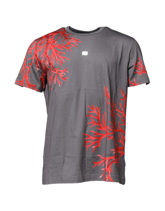 Dolce & Gabbana Gray Cotton Coral Print Logo Plaque T-shirt Dolce & Gabbana
