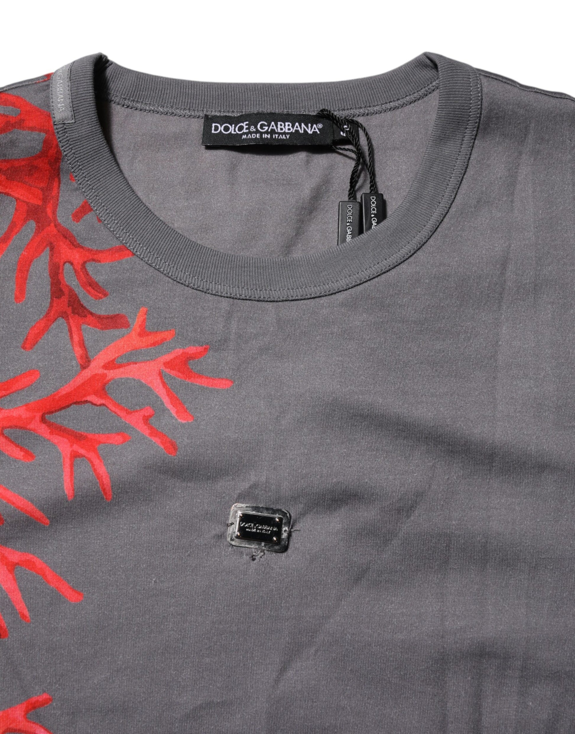 Dolce & Gabbana Gray Cotton Coral Print Logo Plaque T-shirt Dolce & Gabbana