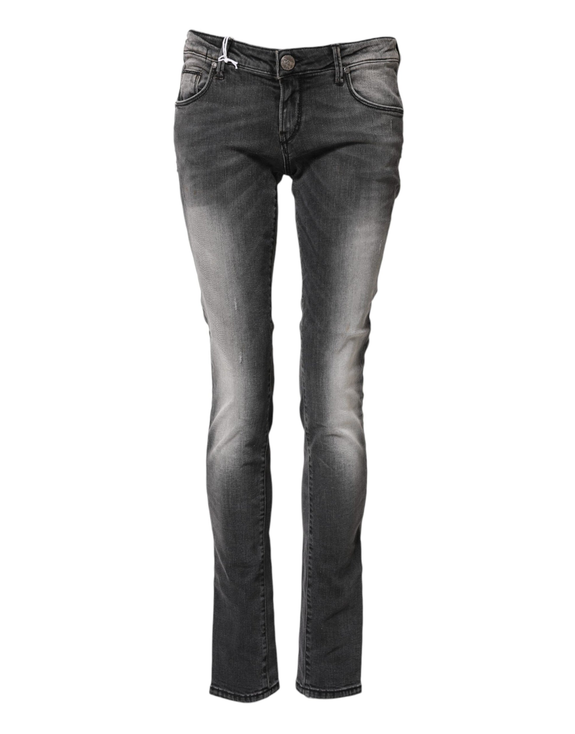 Acht Dark Gray Cotton Slim Fit Denim Low Waist Denim Jeans Acht