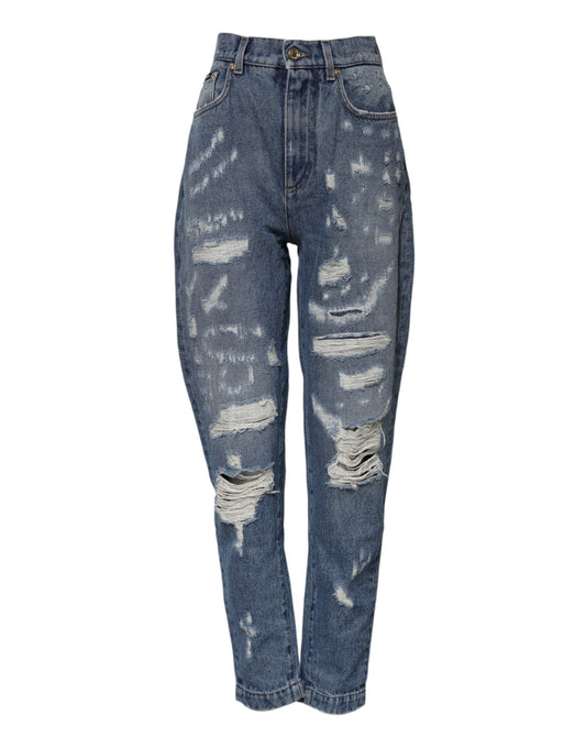 Dolce & Gabbana Blue Tattered High Waist Women Denim Jeans Dolce & Gabbana
