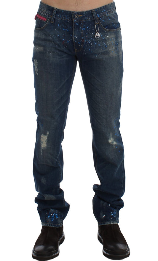 Costume National Blue Wash Paint Slim Fit Pants Jeans Costume National