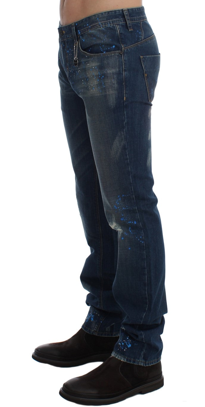 Costume National Blue Wash Paint Slim Fit Pants Jeans Costume National