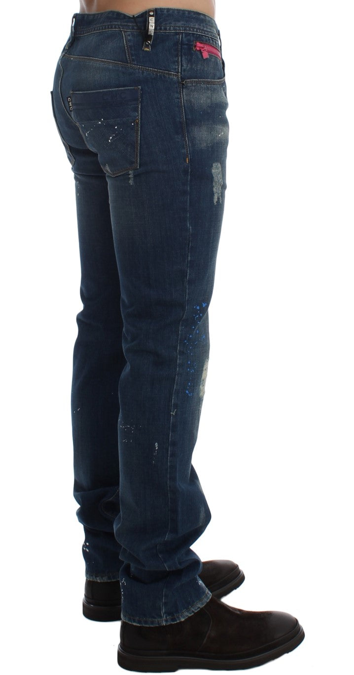 Costume National Blue Wash Paint Slim Fit Pants Jeans Costume National