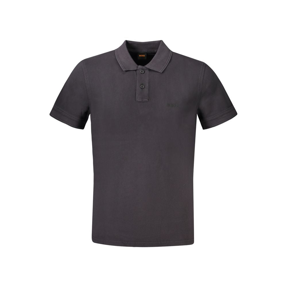 Hugo Boss black cotton men's polo shirt with a classic collar and short sleeves, displayed on a hanger.