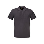 Hugo Boss black cotton men's polo shirt with a classic collar and short sleeves, displayed on a hanger.