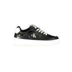 Black Calvin Klein polyurethane women's sneakers with sleek design and white sole, casual athletic footwear.
