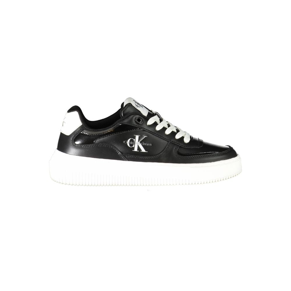 Black Calvin Klein polyurethane women's sneakers with sleek design and white sole, casual athletic footwear.