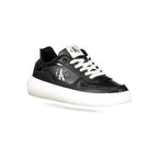 Calvin Klein black polyurethane women's sneakers with sleek design and lace-up closure, stylishly displayed on a plain background.