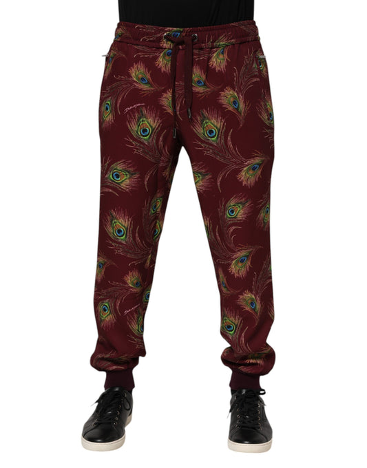 Dolce & Gabbana Burgundy Peacock Feather Print Jogger Pants Dolce & Gabbana