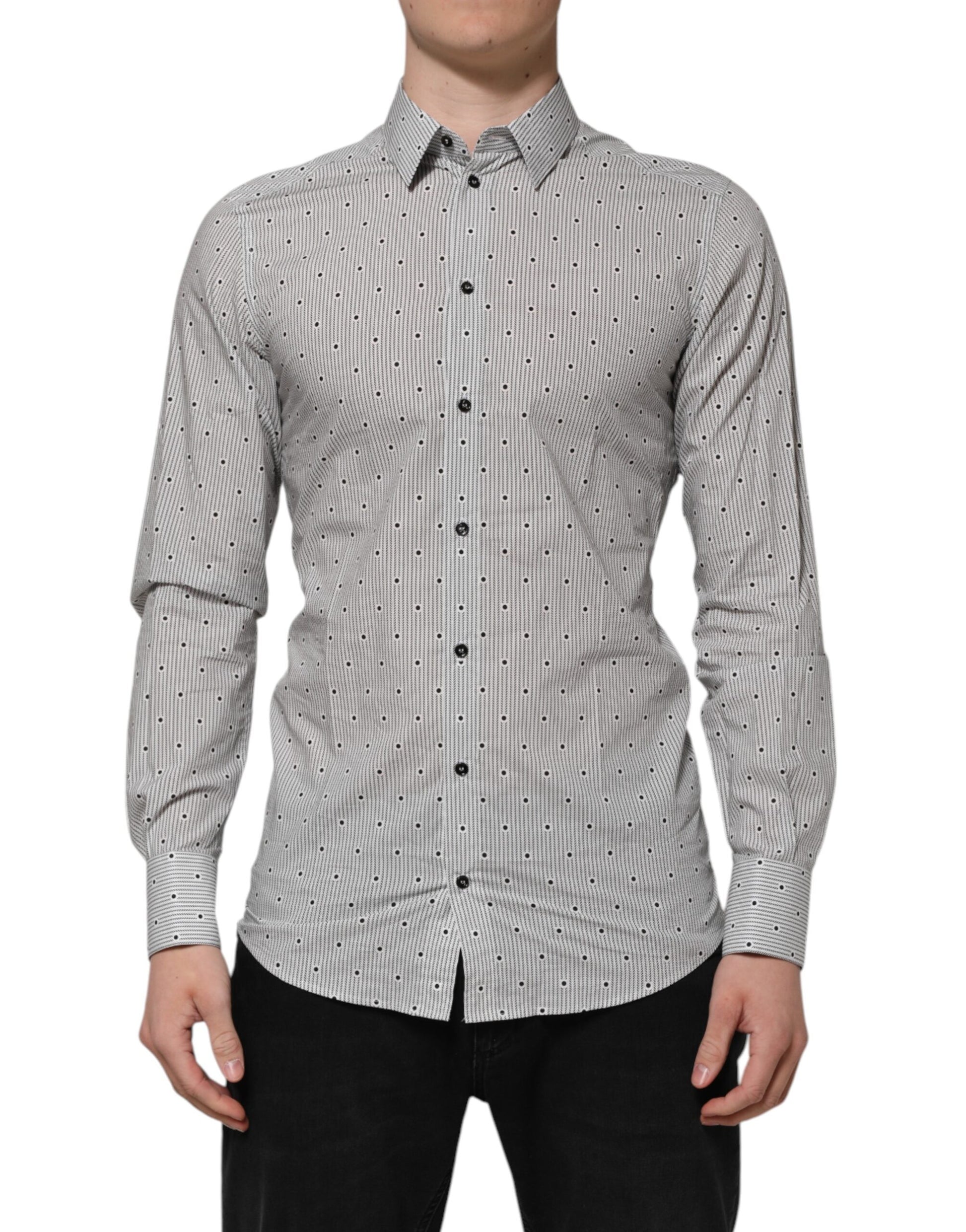Dolce & Gabbana Gray Dotted Semi Fitted GOLD Men Formal Shirt Dolce & Gabbana