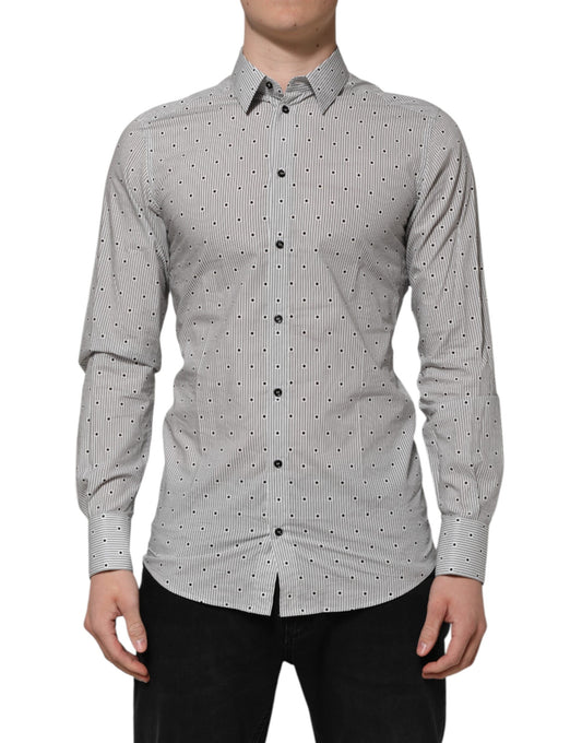 Dolce & Gabbana Gray Dotted Semi Fitted GOLD Men Formal Shirt Dolce & Gabbana